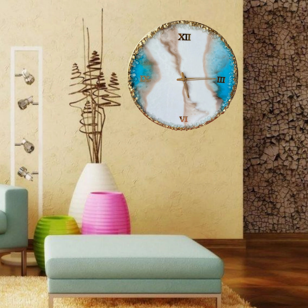 Handmade Turquoise Blue Sea Wall Clock with elegant detailing, displayed in a contemporary room with colorful decor elements.