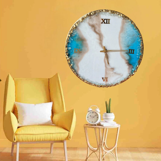 Turquoise Wall Clock featuring ocean-inspired design and Roman numerals, styled in a cozy yellow-themed living space.