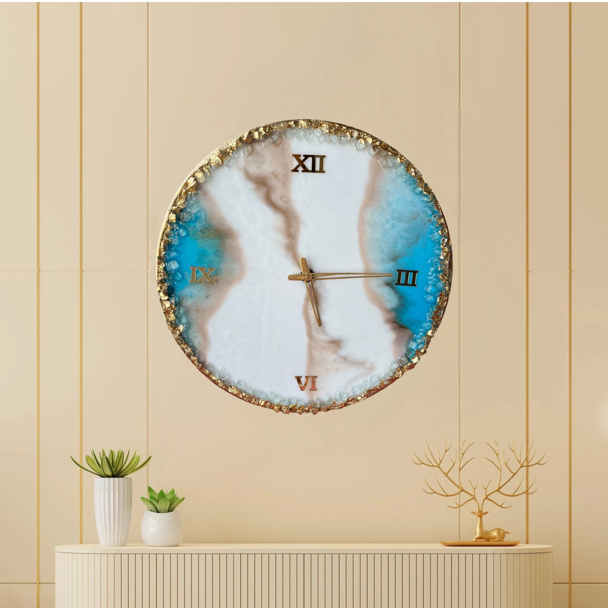 Turquoise Blue Sea Wall Clock with resin finish and gold accents, perfect for modern home decor in living rooms or offices. Main image