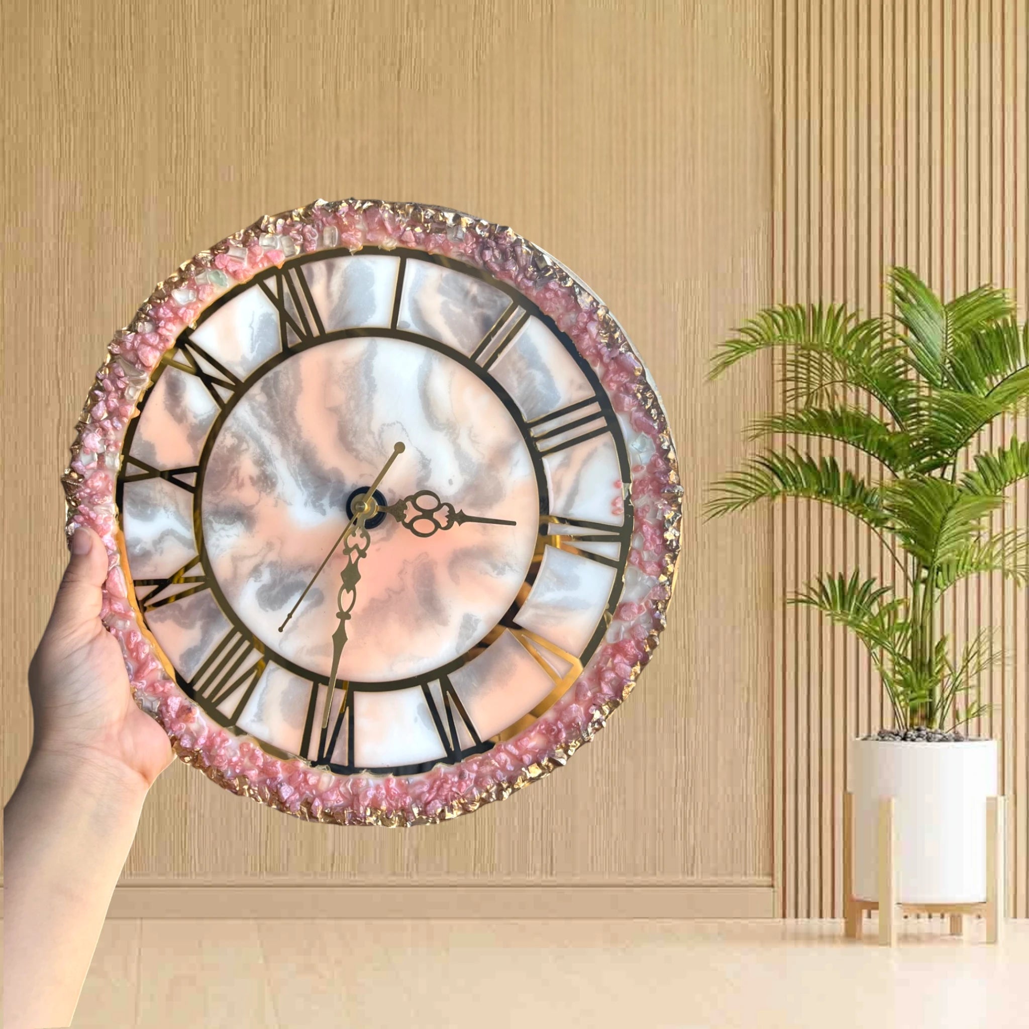 Pink Geode Clock - Modern Decor with Roman numerals and resin crystal edge, ideal for elegant home or office wall display. Main image