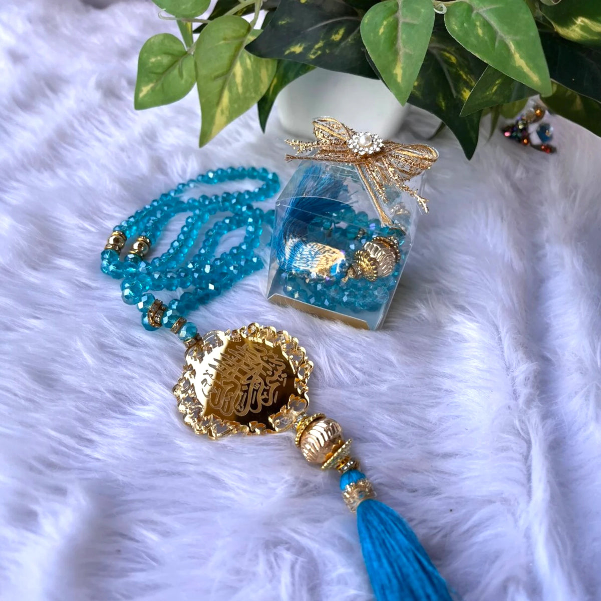 Turquoise Blue Crystal Tasbeeh with Bismillah (100 Beads)