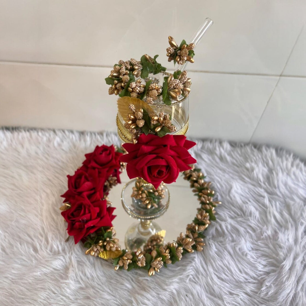 Floral-themed Doodh Pilayi Glass Set - Bridal Edition with red roses and gold accents, ideal for Nikah and traditional wedding gifting.