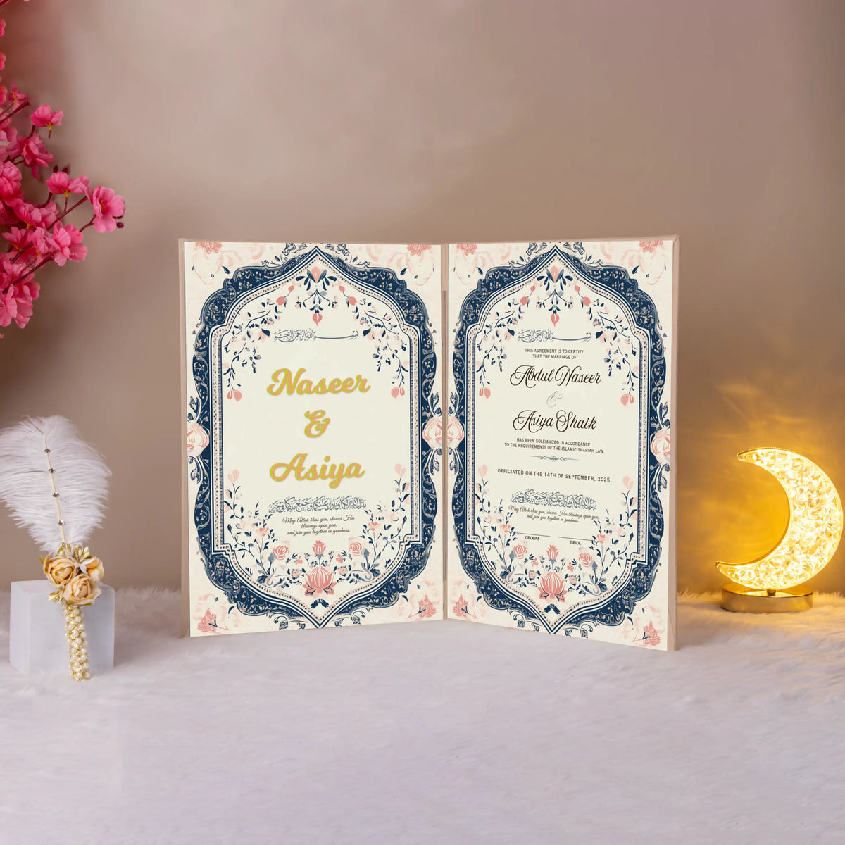 Beige Nikah Nama with personalized names and floral border, included in Whispering Flowers Nikah Nama Hamper for wedding gifting.