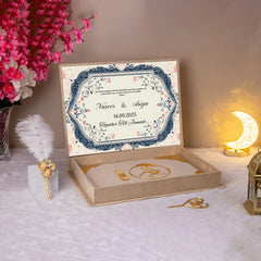 Beige Nikah Nama Hamper with gold pen and custom printed Nikah Nama, perfect for Islamic wedding ceremony essentials.