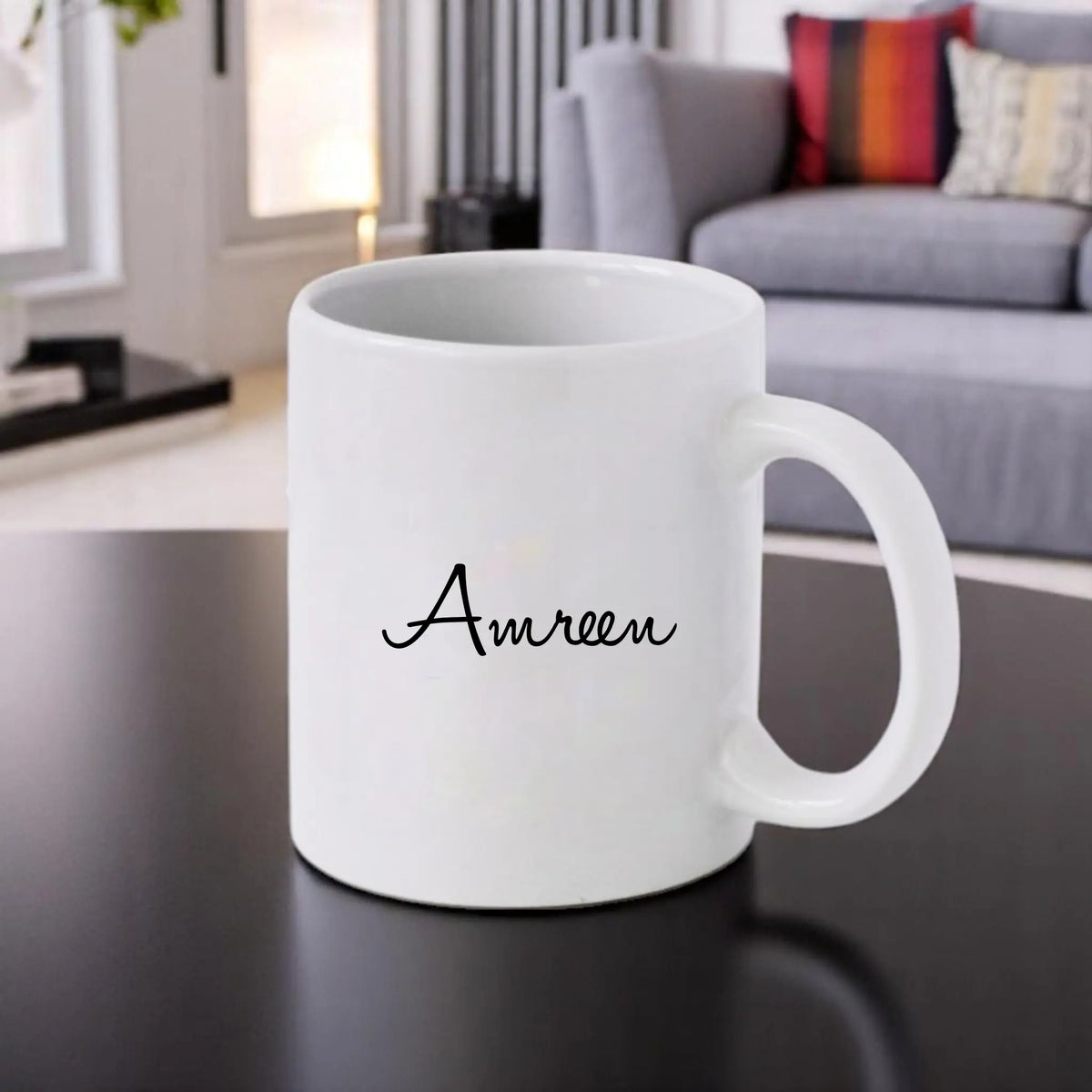 Personalized Spoonful of Shukr Mug with custom name 'Amreen' on the back, 350 ml ceramic drinkware perfect for home decor or thoughtful gifts.