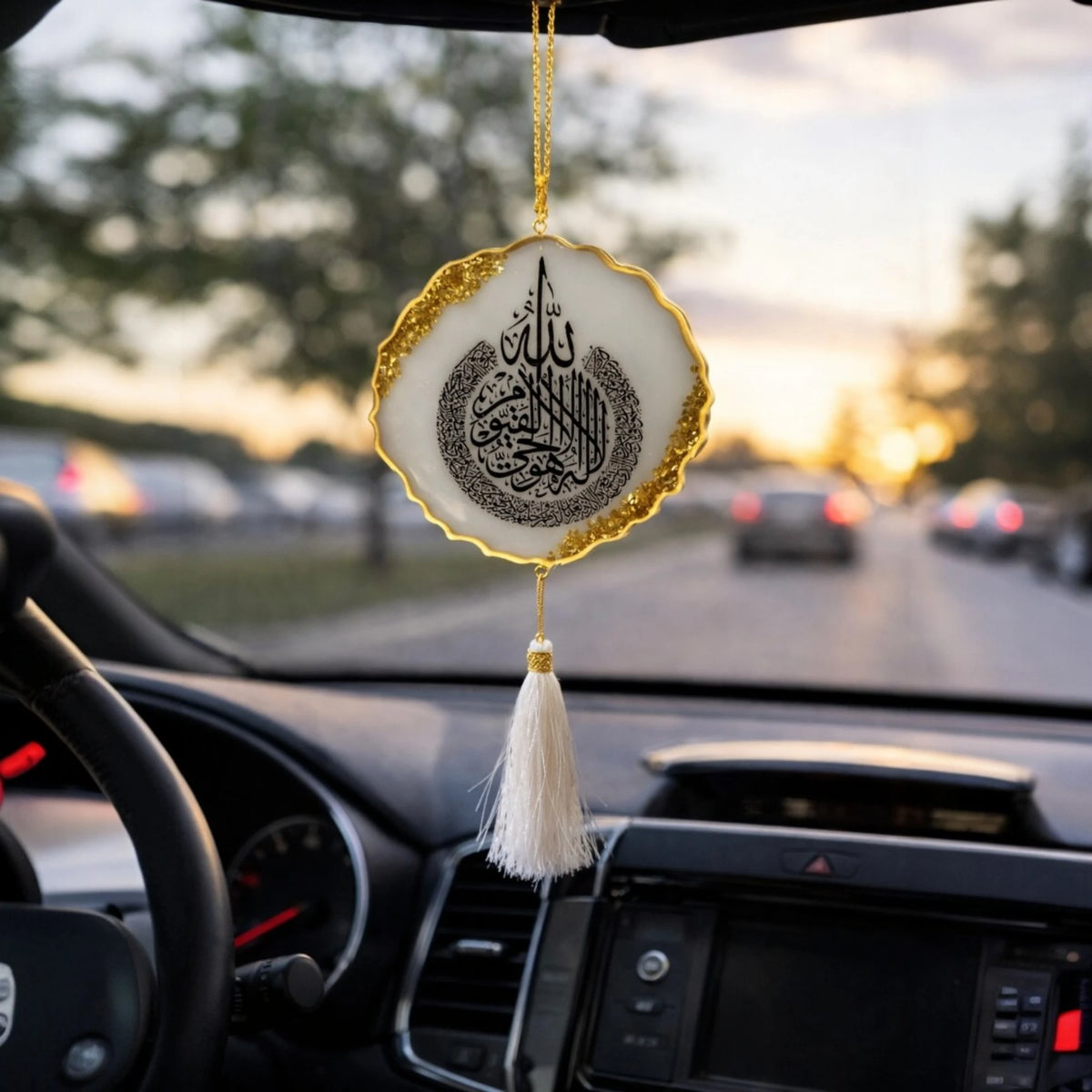 White Duet Golden Flakes Car Hanging with Islamic calligraphy and tassel