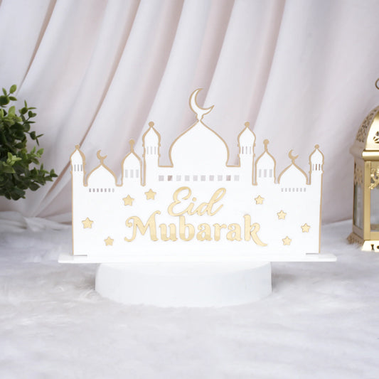 White Eid Mubarak stand with mosque design and gold accents, Ramadan home decor