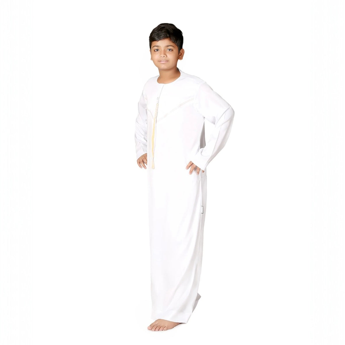 Omani Kids Thobes in white with side view showcasing traditional design. Ideal for Ramadan gifts and cultural celebrations.