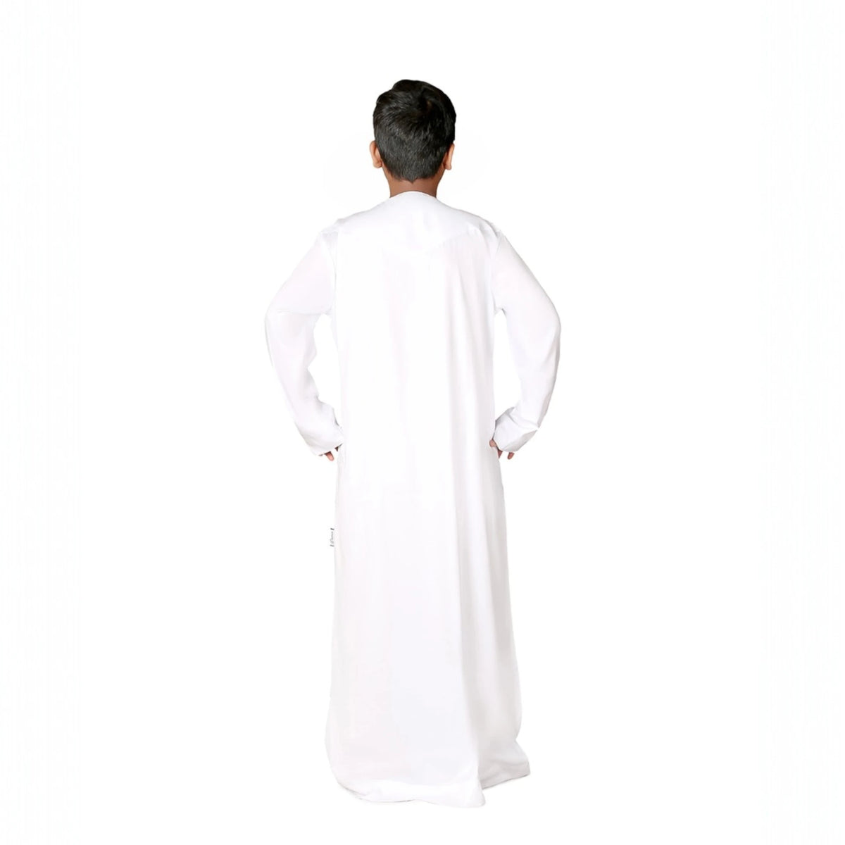 Back view of White Omani Kids Thobes showing full-length design. Part of the Kids Collection for ceremonial clothing.