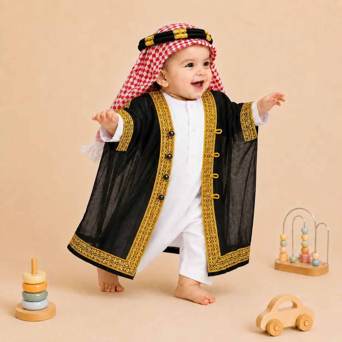White Omani Thobe Romper & Bisht Set for Baby Boys