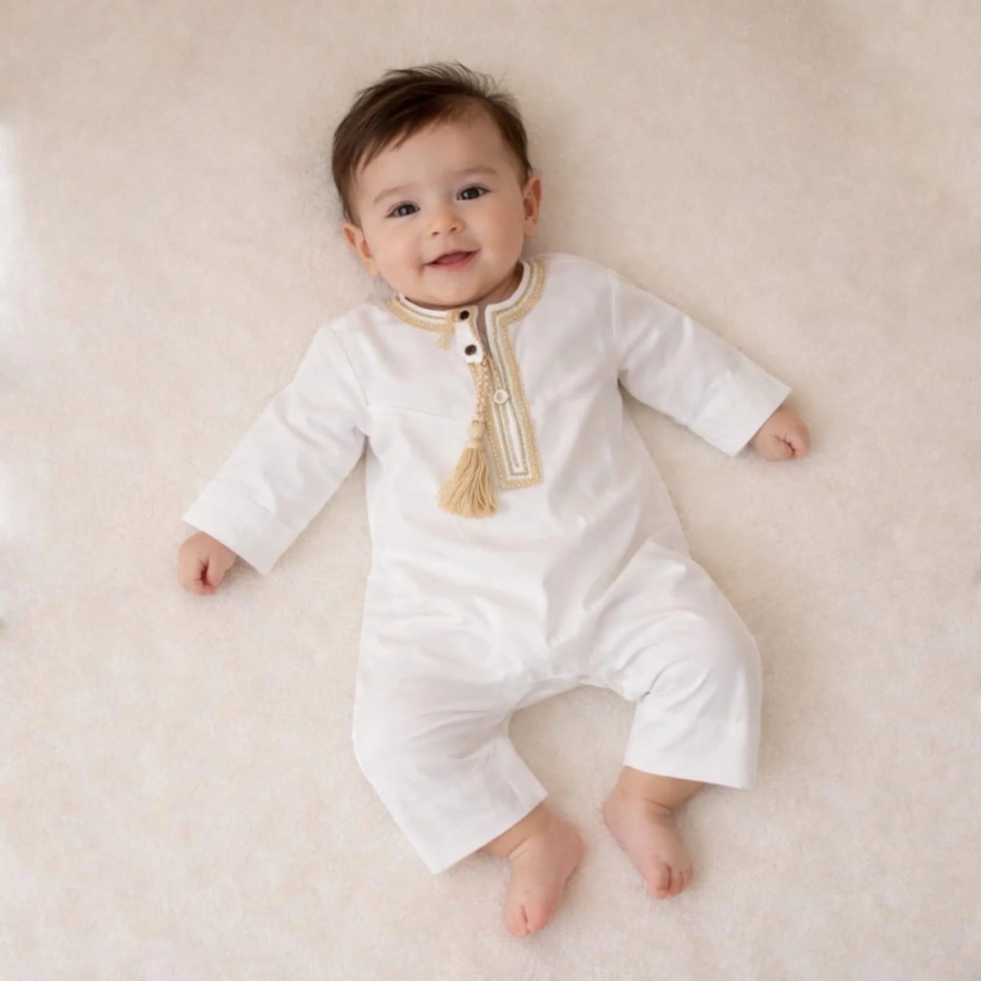 White Thobe Romper for Baby Boys Main image