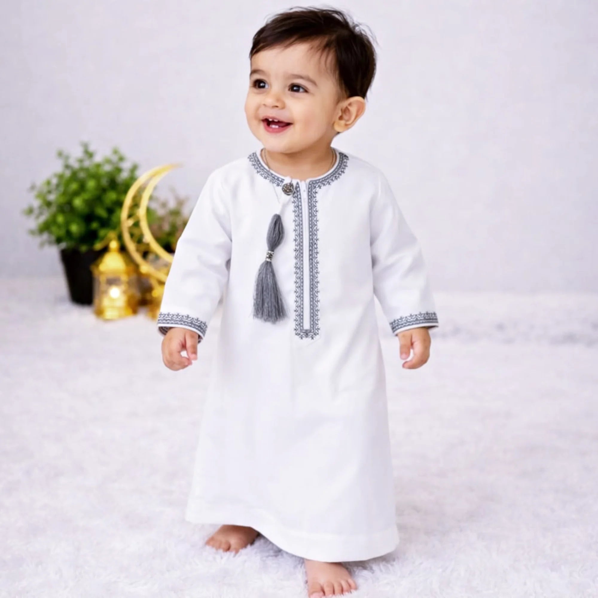 White baby boy Thobe with embroidery Main image