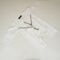 Flat lay of White Thobe Romper for Baby Boys featuring traditional Omani-style detailing. Ideal for festive occasions and cultural events.