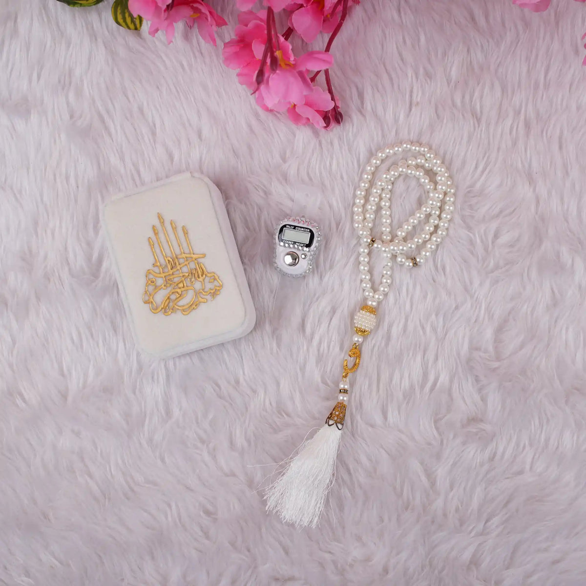White Velvet Tasbeeh Combo featuring 100-bead pearl tasbeeh, digital tally counter, and elegant velvet case, perfect for religious gifting.