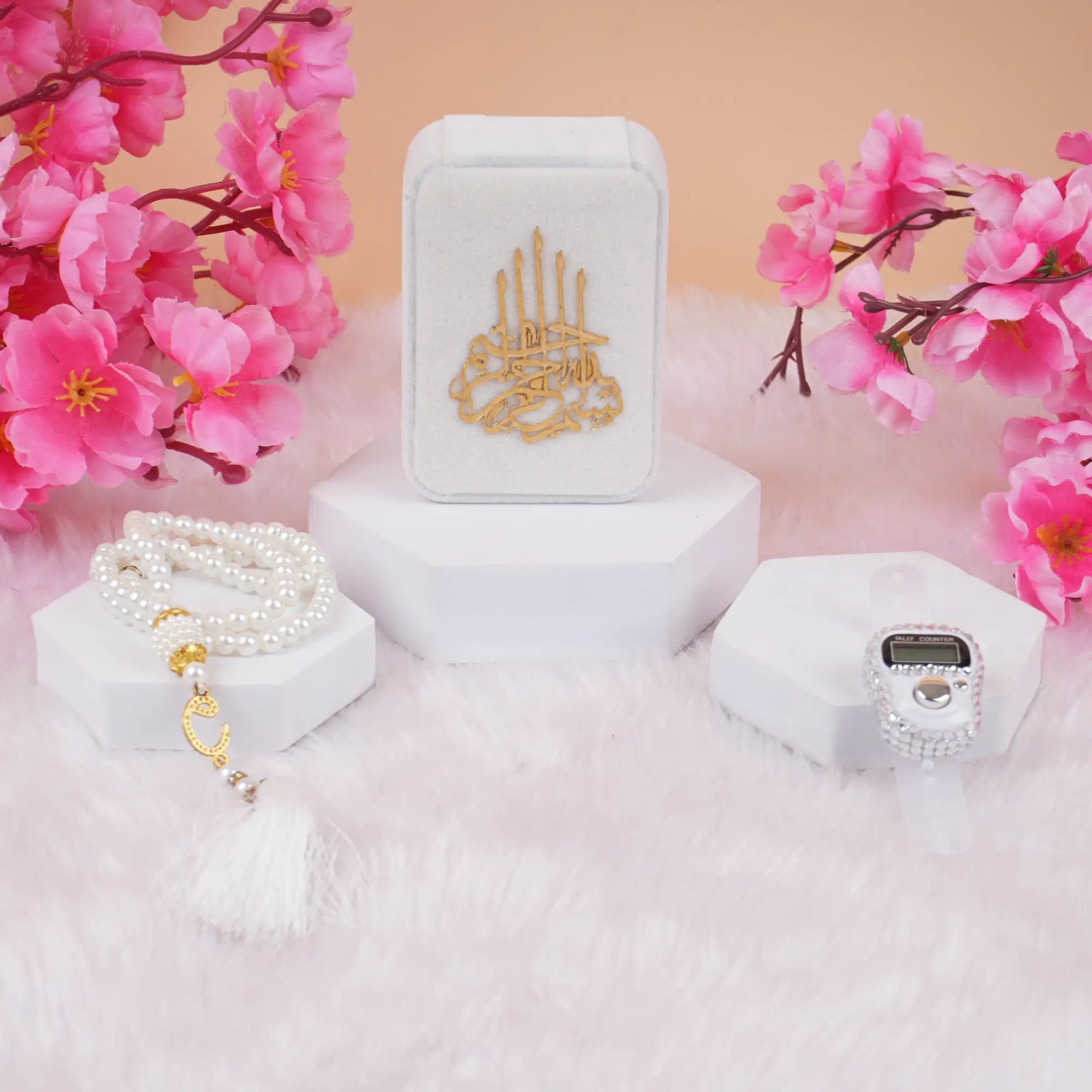 Velvet Tasbeeh Combo Set with pearl prayer beads, digital counter, and white velvet box, ideal Islamic gift for weddings and Eid celebrations. Main image