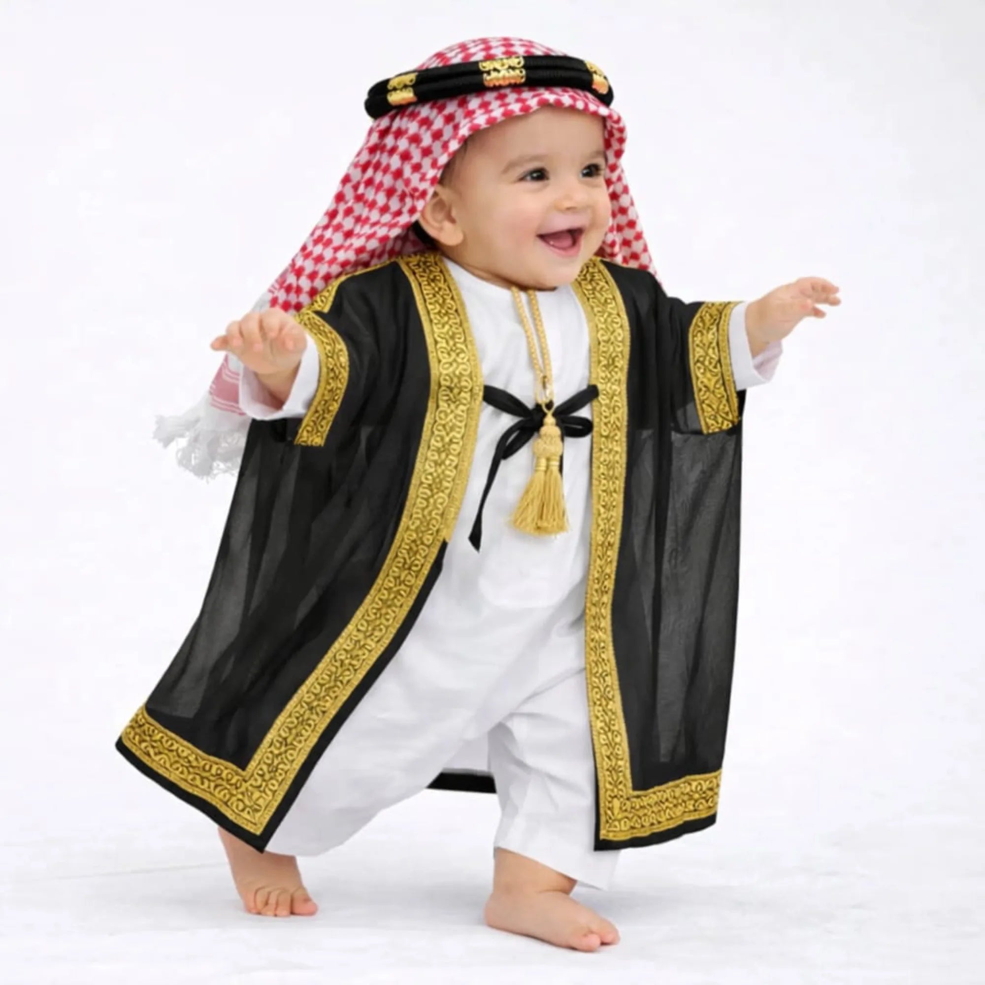 White Omani Thobe Romper & Bisht Set for Baby Boys Main image