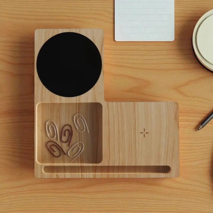Top view of Willow 3.0 Wireless Charger - Cup Warmer & Phone Stand showing wireless charging pad, cup warmer, and organizer tray for accessories.