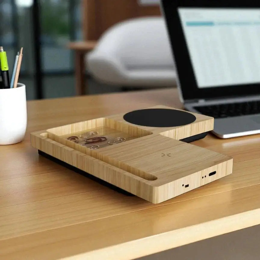 Side angle of Willow 3.0 Wireless Charger with Cup Warmer & Phone Stand on a desk, highlighting USB ports and multifunctional bamboo design.