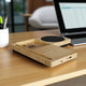 Side angle of Willow 3.0 Wireless Charger with Cup Warmer & Phone Stand on a desk, highlighting USB ports and multifunctional bamboo design.