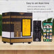 Digital clock with remote control and app for setting Azan time on a wooden surface.