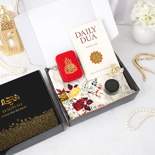 Ramadan gift box with Islamic prayer items and decorative accessories