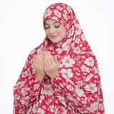 Red floral Namaz Makhna included in Sajdah Serenity Hamper – full length printed cotton prayer dress for Islamic gifting and salah