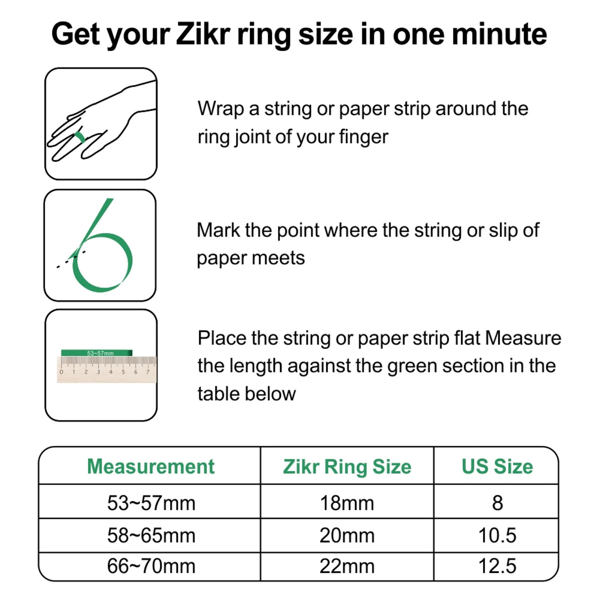Zikr ring size guide for Noor Zikr Ring - Smart Tasbeeh, showing how to measure finger for accurate Islamic prayer accessory fit.