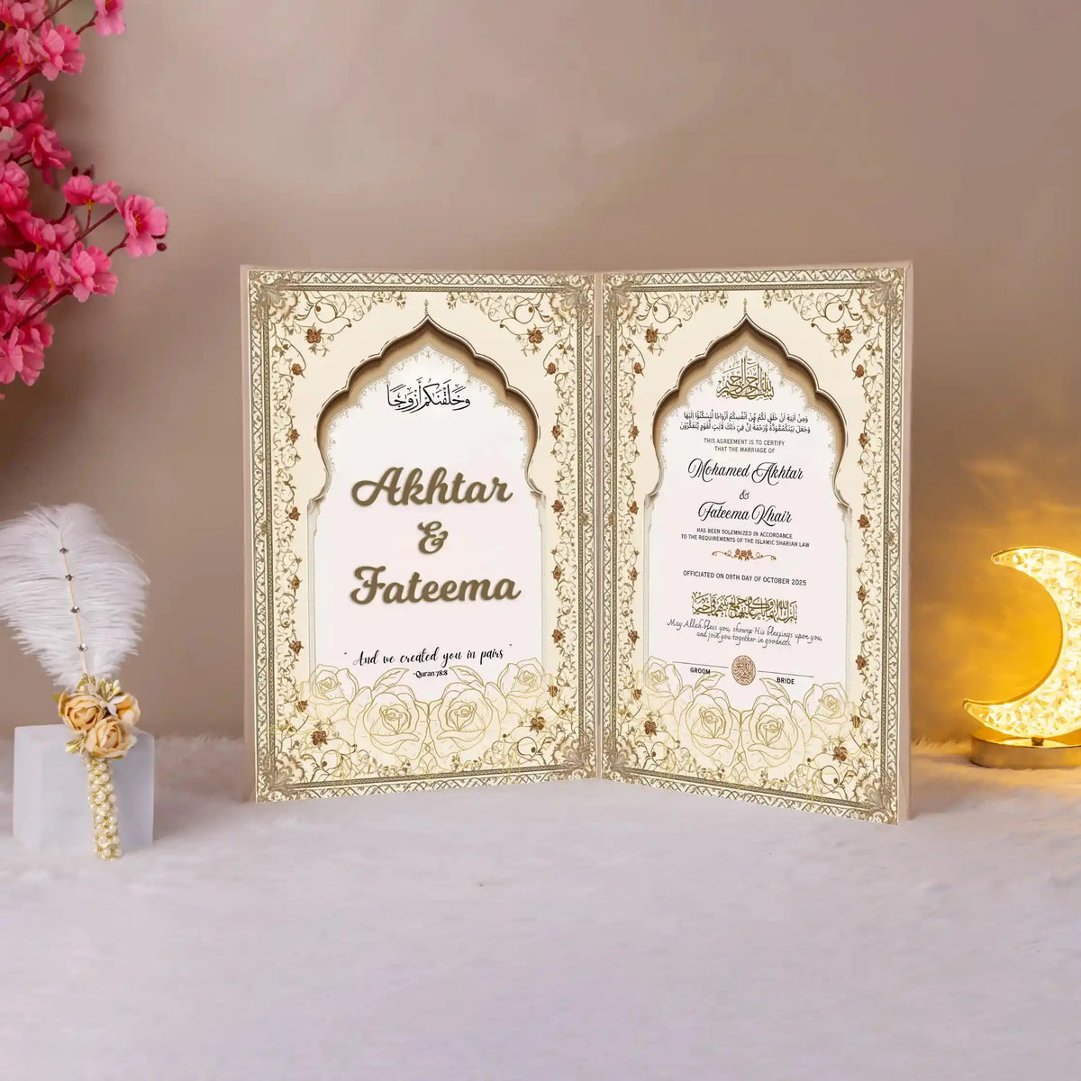 Luxurious Zahabi Aura Nikah Nama booklet with intricate gold detailing, perfect for Nikah Essentials and bridal wedding gifts.