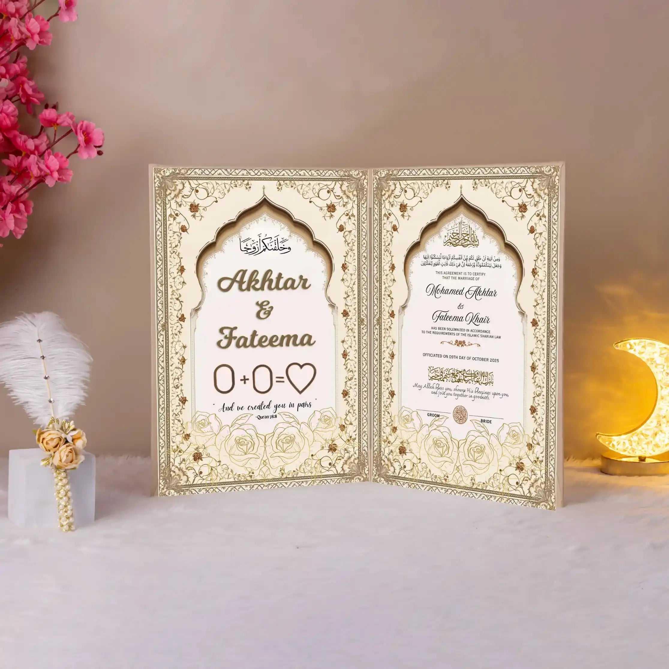 Zahabi Aura Nikah Nama | Nikah Certificate Online featuring elegant gold floral borders and personalized names for Islamic wedding ceremonies. Main image