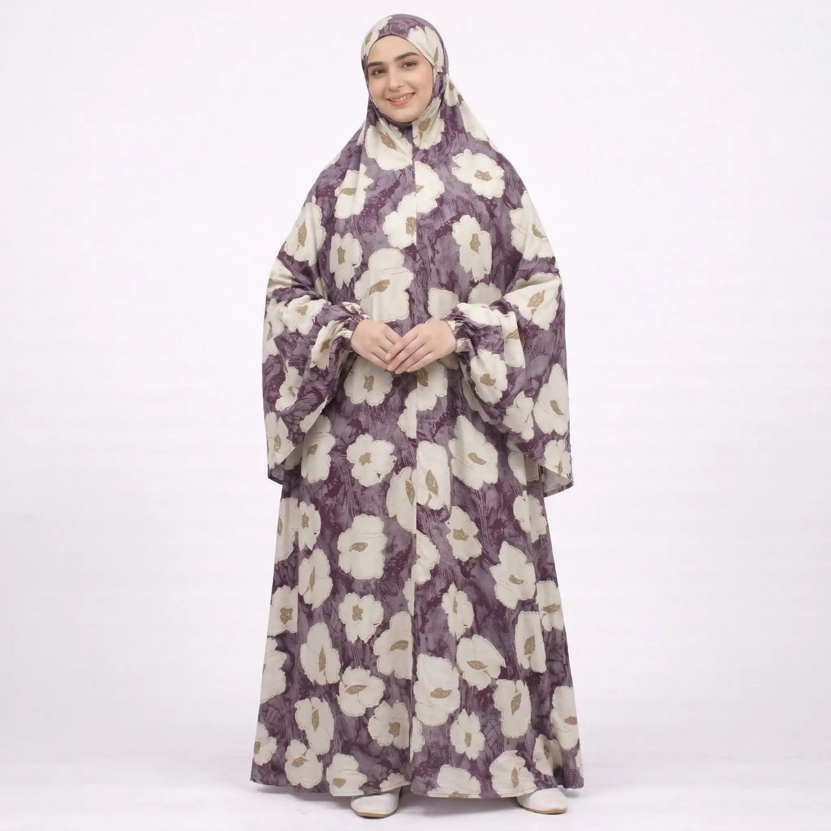 Woman in floral printed cotton Islamic prayer dress