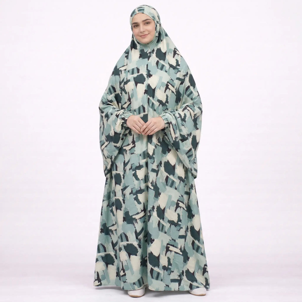 Full length printed cotton modest prayer dress with abstract blue and white pattern