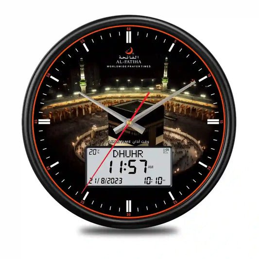 Islamic Azaan Wall Clock by Al-Fatiha featuring Mecca's Kaaba, digital display for prayer times, and elegant black frame for spiritual interiors.