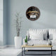 Al-Haram Azaan Wall Clock - Al-Fatiha mounted in a modern living room, blending Islamic decor with contemporary home aesthetics.