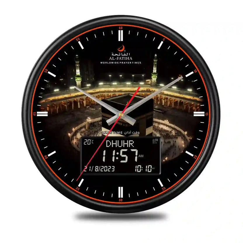 Al-Haram Azaan Wall Clock - Al-Fatiha with Kaaba background, digital prayer time display, and analog hands for Islamic home decor. Main image