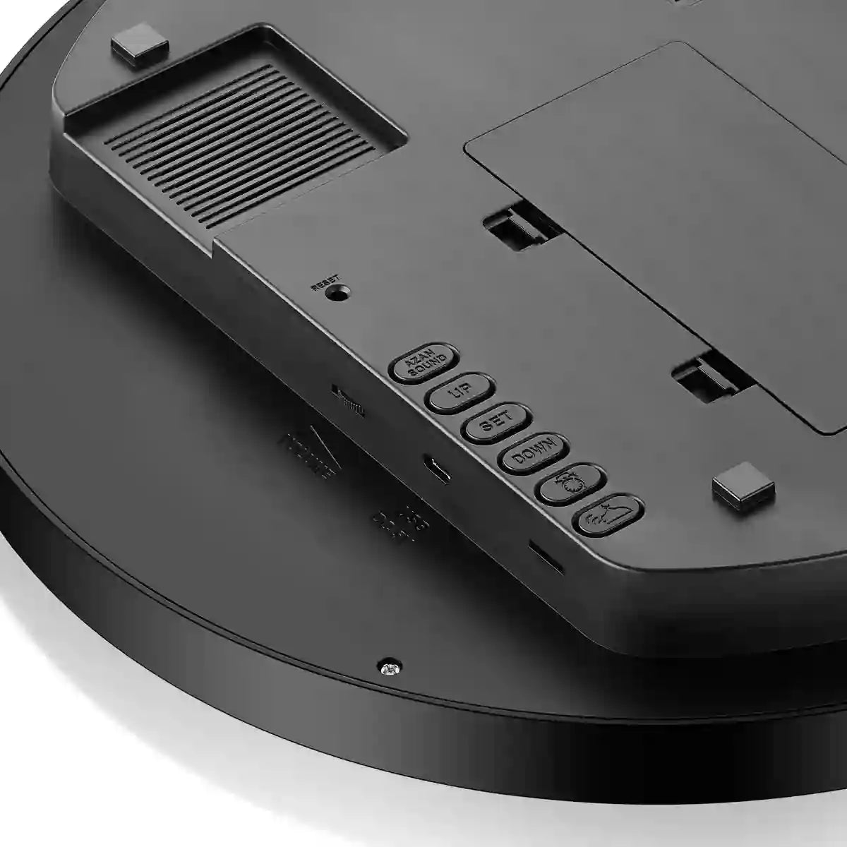Close-up of Al-Fatiha Azaan Wall Clock control panel with buttons for setting prayer times, volume, and other Islamic clock features.