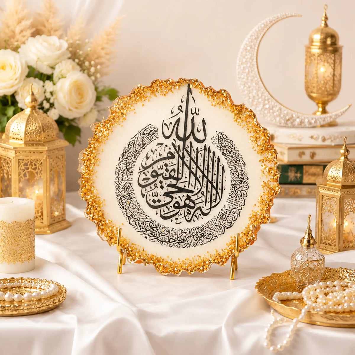 A round decorative plate with Arabic calligraphy in black on a white background, framed by a glittering gold scalloped edge, displayed on a draped white fabric table with ornate gold lanterns, candles, flowers, and a crescent moon decor in the background.