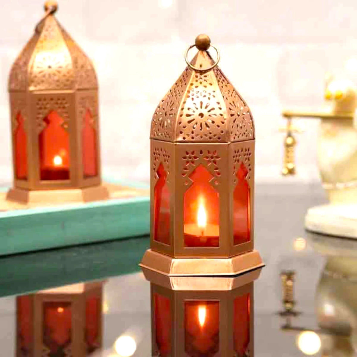 Golden Glow Ramadan Lantern - Gold Decoration with red glass panels, 6-inch size, ideal for ambient lighting and festive home decor.