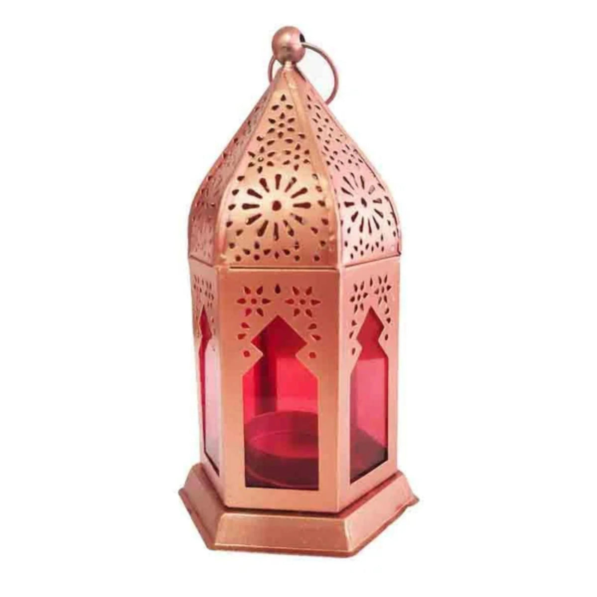 Golden Glow Lantern 6" - Gold Lantern Decor with intricate cut-out patterns and red glass panels, ideal for ambient lighting and festive home decor.