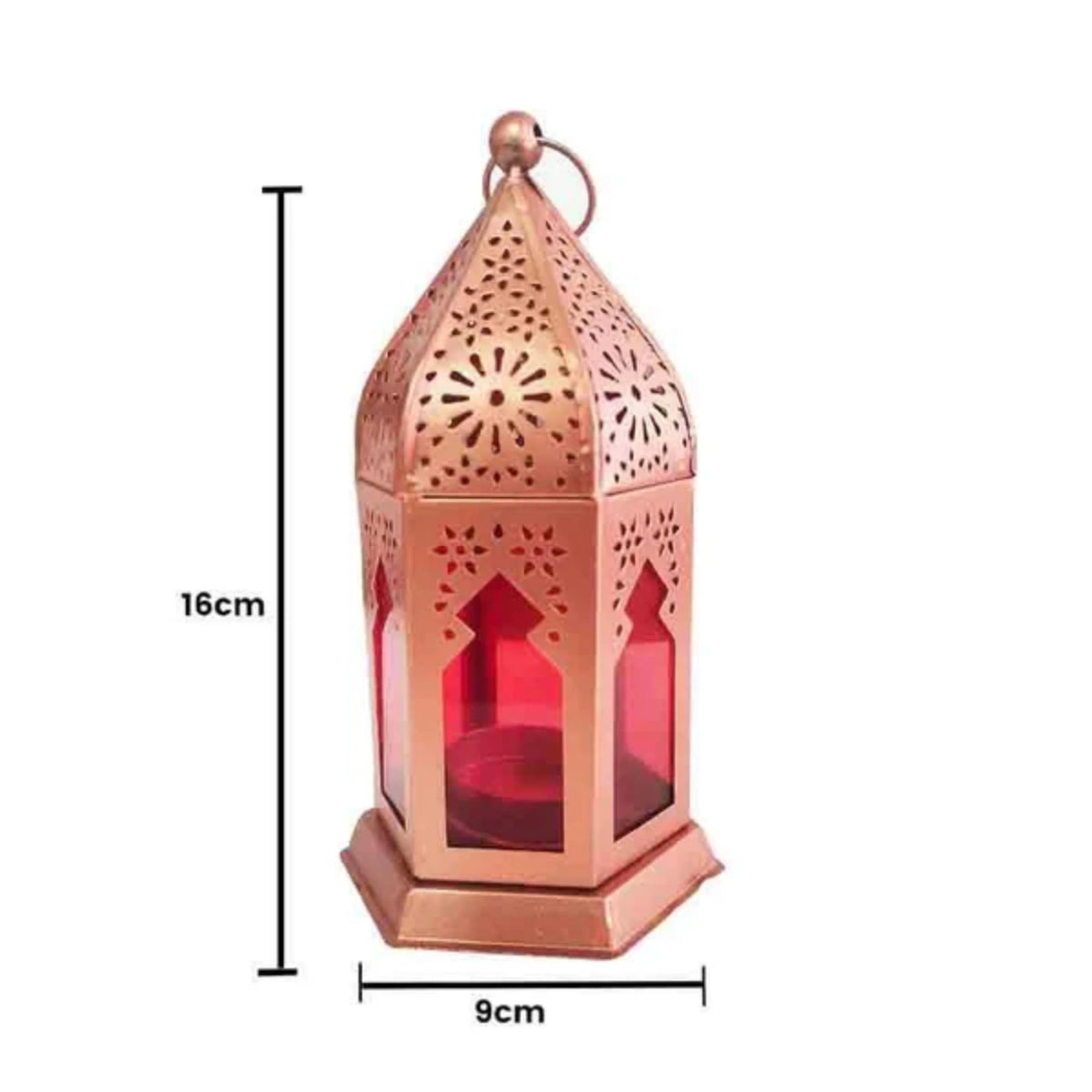 Golden Glow Ramadan Lantern with red glass, 16cm tall and 9cm wide, ideal for decorative lighting and Ramadan-themed home decor.