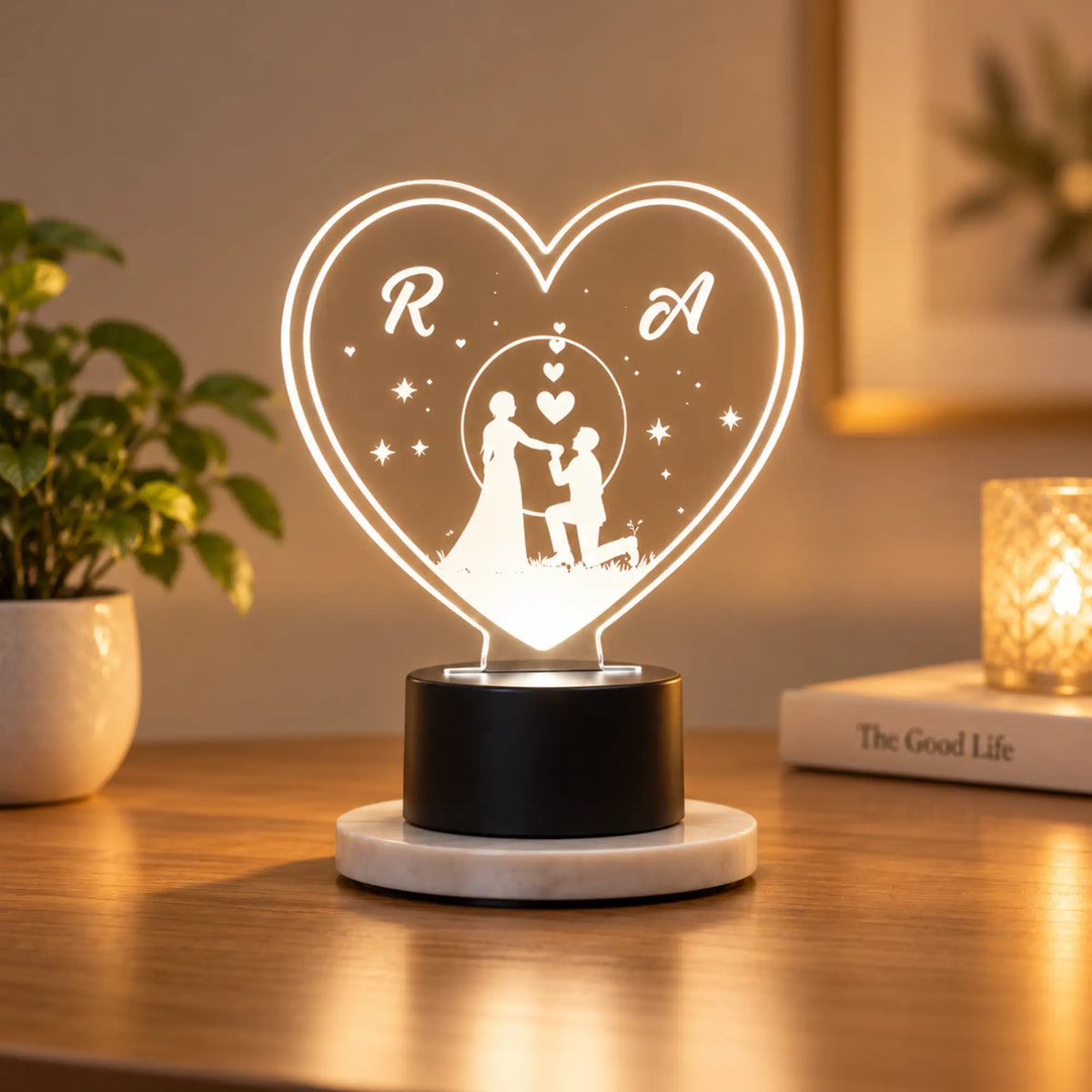 Romantic Timeless Love Personalized LED Lamp glowing on a wooden table, perfect home decor gift for couples with custom initials.
