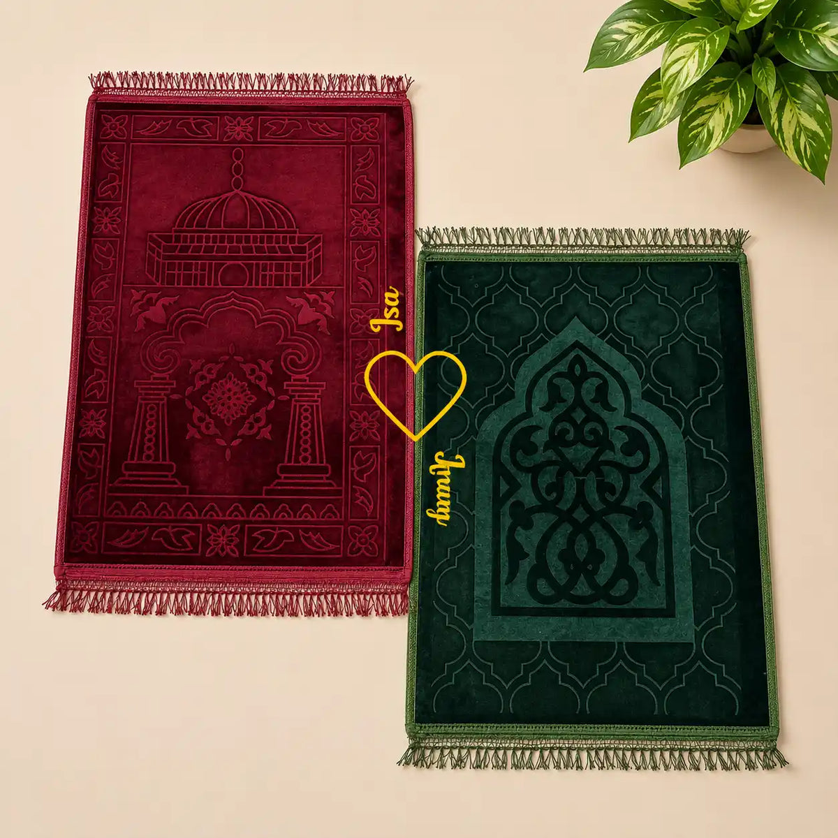 Maroon & Green Rectangle Couple Janamaz with Heart