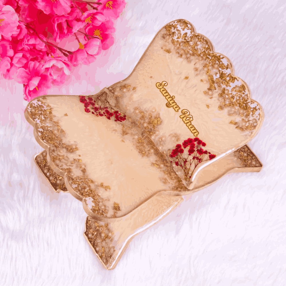 Personalized Floral Pearl Quran Stand with name engraving, featuring golden and red floral accents. Handmade resin Rehal for elegant Quran display.