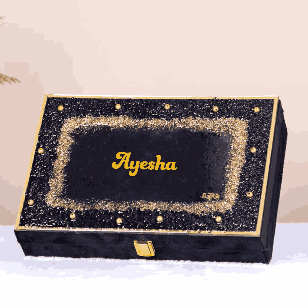 Black Custom Gift Box with glitter resin and personalized name 'Ayesha'. Stylish handmade box for gifting or prayer items.