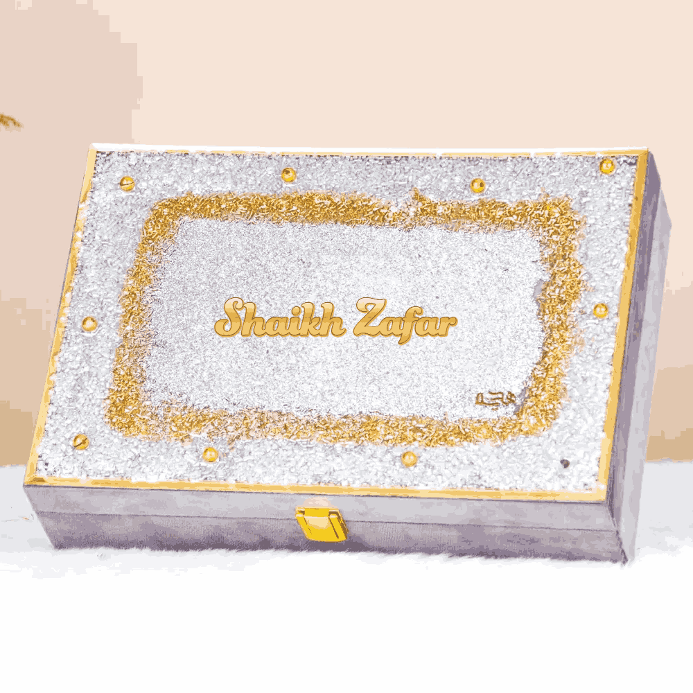 Silver Custom Gift Box with glitter resin and personalized name 'Shaikh Zafar'. Elegant option for sacred or celebratory gifts.