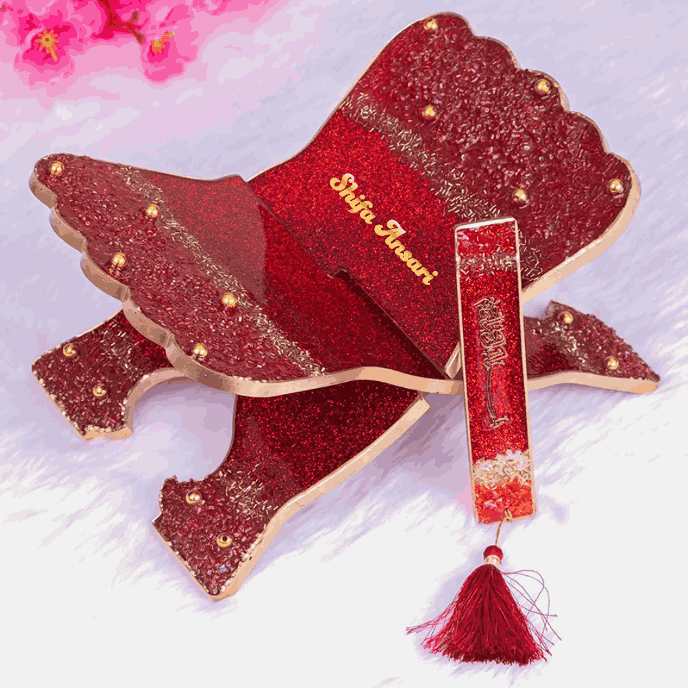 Personalized Maroon Rehal & Bookmark set featuring 'Shifa Anwari' engraving, ideal for Quran recitation and ceremonial gifting.