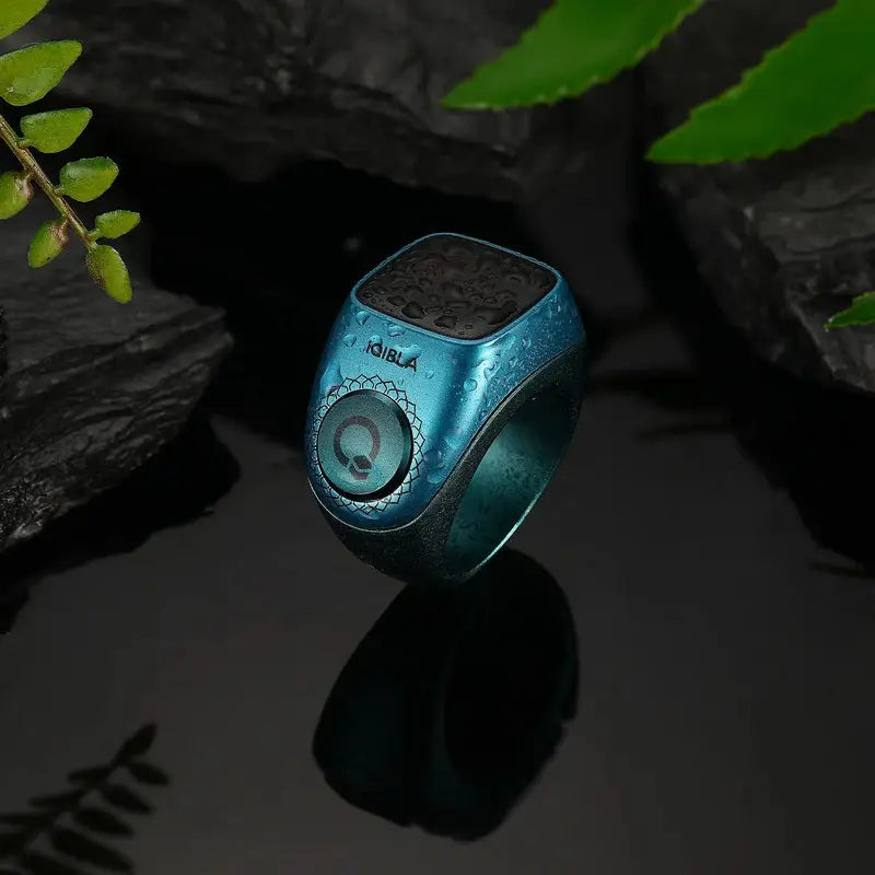Blue Smart Zikr Ring Flex Pro on black background, ideal for Islamic prayer routines and digital tasbih.