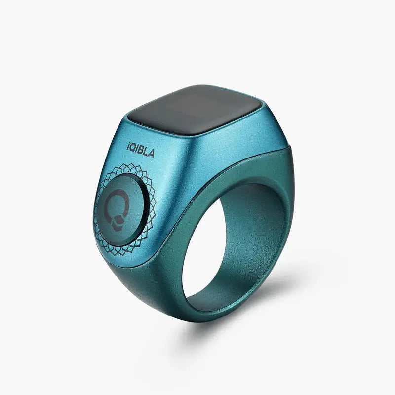 Blue Smart Zikr Ring Flex Pro with circular tasbih button, ideal for daily zikr and prayer tracking.