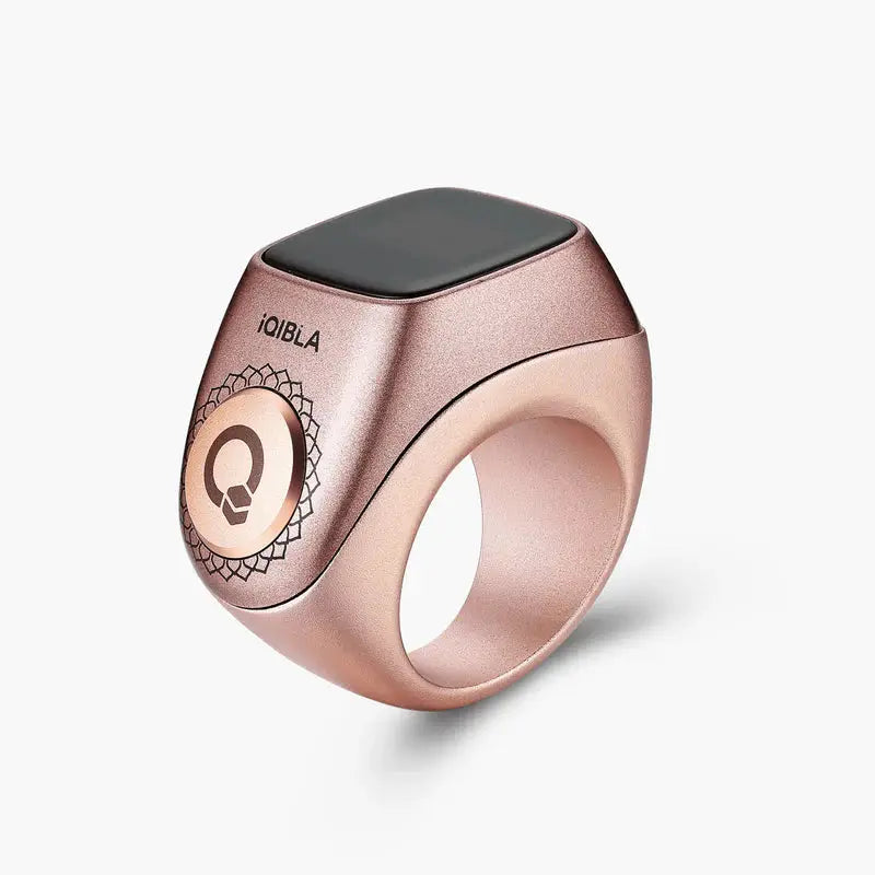 Rose gold Zikr Ring Flex Pro with OLED screen, perfect for Islamic prayer tracking and tasbih counting.