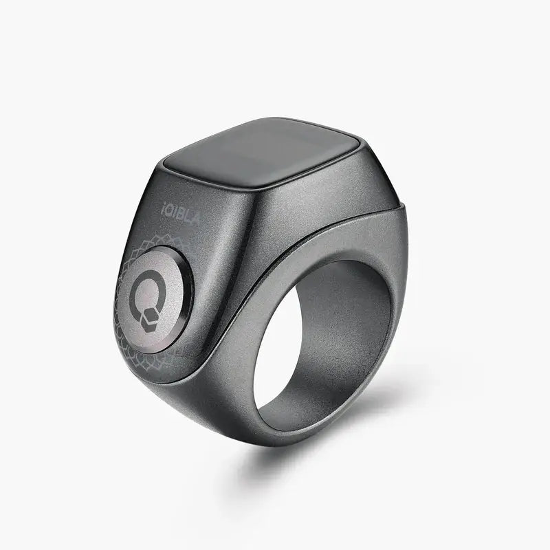 Matte black Zikr Ring Flex Pro with OLED screen, designed for modern Islamic prayer and zikr tracking.