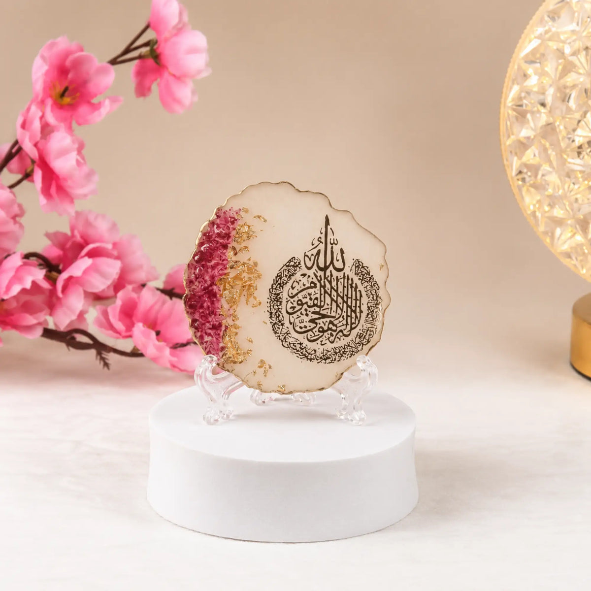 3" Ayatul Kursi Floral Frame - Perfect Decor | Handmade India featuring intricate Arabic calligraphy with gold and pink floral accents on a resin base.